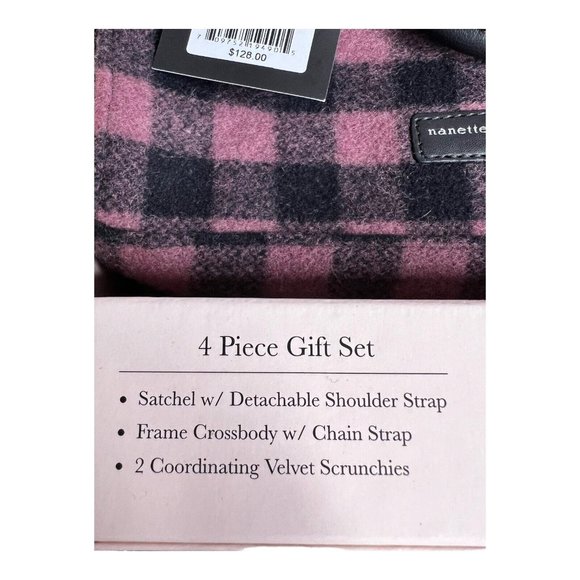 Nanette Lepore 4 pc Satchel Crossbody Pink Buffalo Check Velvet Scrunchies purse - Picture 3 of 10